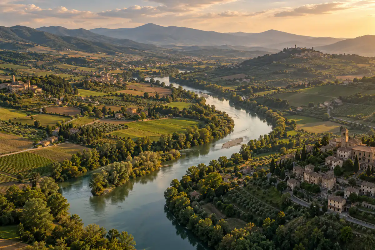 Veduta aerea di un fiume che serpeggia in una valle verde con piccoli paesi