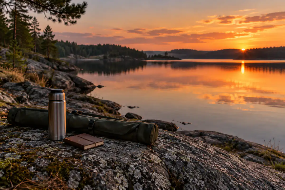 Thermos, fodero della canna e quaderno su una roccia al tramonto