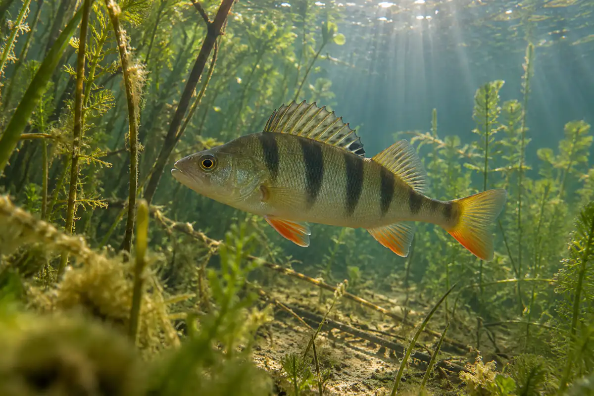 Persico reale ripreso sott'acqua tra piante acquatiche con raggi di sole