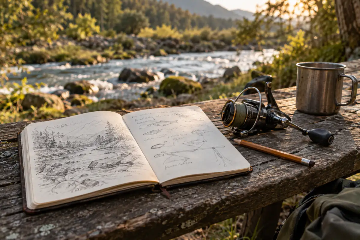Quaderno aperto con schizzi a matita di un fiume accanto a un piccolo mulinello e una tazza