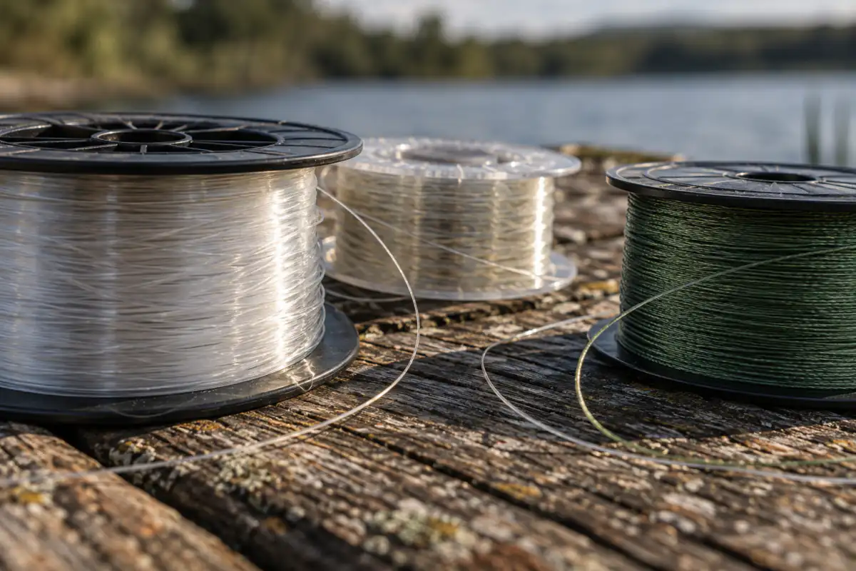 Tre bobine di filo da pesca: monofilo trasparente, fluorocarbon e trecciato verde