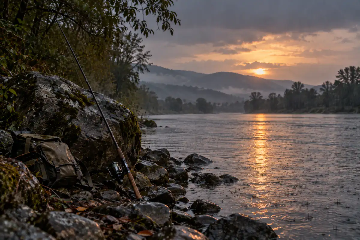 Riva di un fiume sotto la pioggia al crepuscolo con una canna appoggiata a una roccia