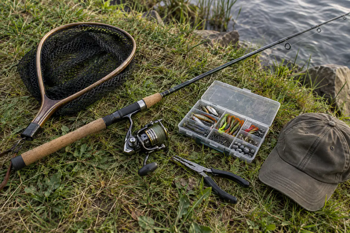 Kit da pesca essenziale disteso sull'erba