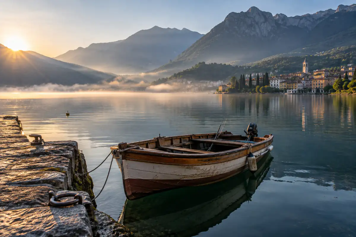 Piccola barca di legno ormeggiata a un pontile di pietra su un lago prealpino al mattino