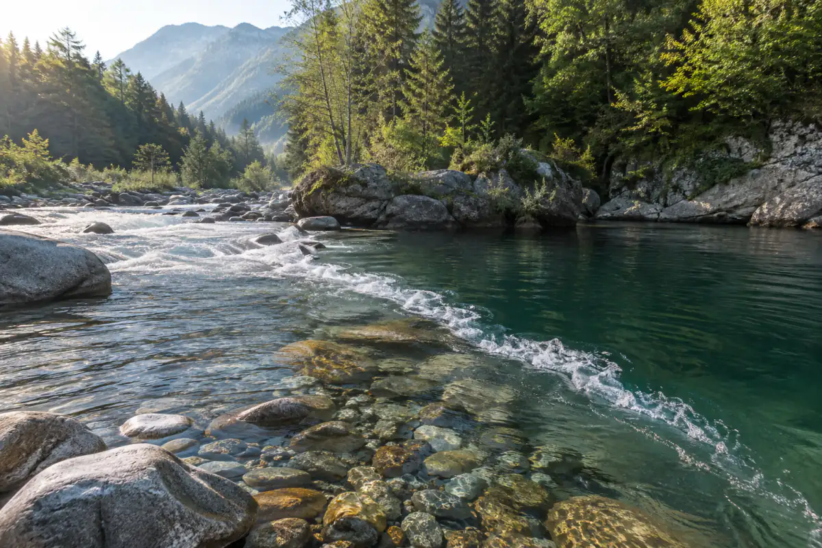 Torrente alpino limpido con una raschiata che si apre in una buca verde profonda