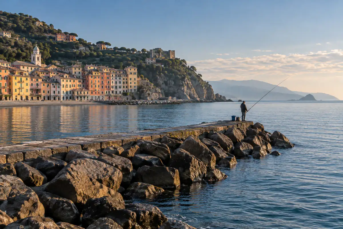 Molo frangiflutti con un pescatore all'estremità