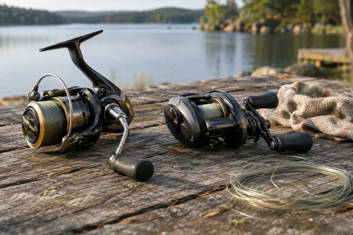 Mulinello da spinning e mulinello da casting appoggiati su un vecchio tavolo di legno