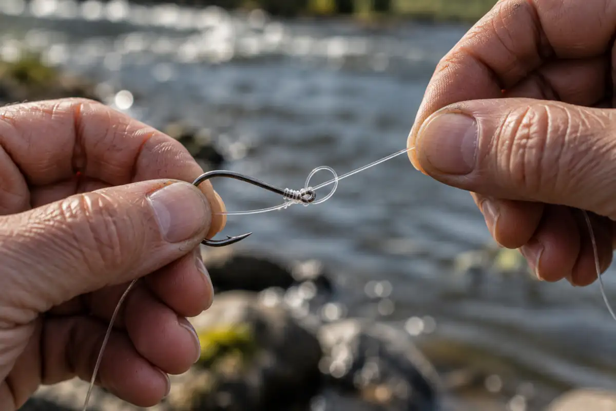 Primo piano di mani che annodano un amo a un filo trasparente vicino a un fiume