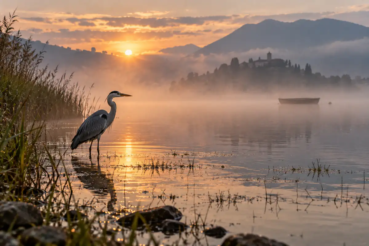 Airone cenerino fermo nell'acqua bassa di un lago nebbioso all'alba, con una barca vuota sullo sfondo