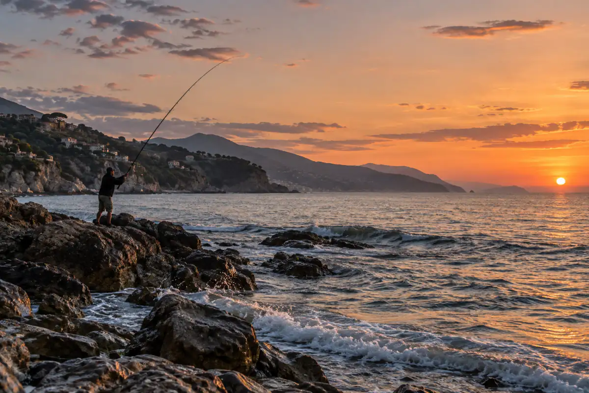 Pescatore su una scogliera mediterranea al tramonto mentre lancia verso le onde