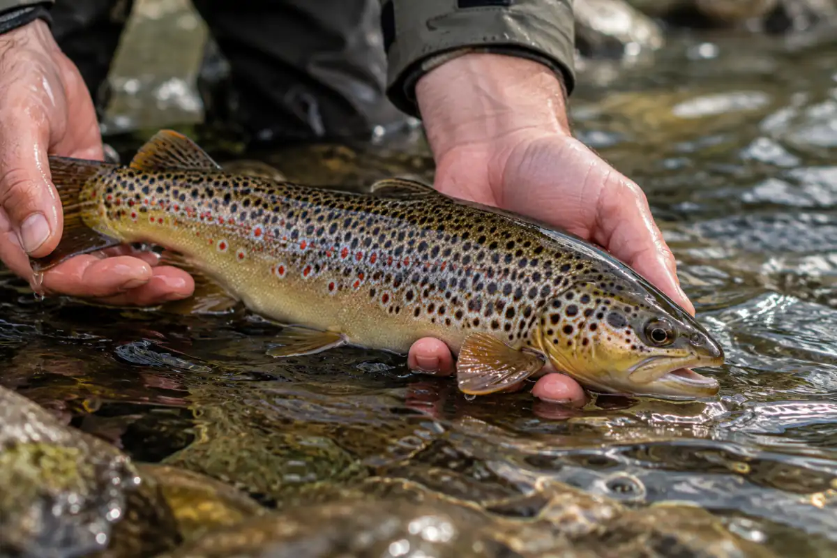 Trota fario con punti rossi e neri tenuta con delicatezza tra mani bagnate sopra l'acqua